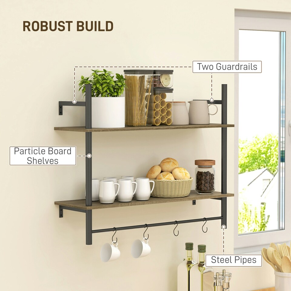 image 1 of HOMCOM Wall Shelf Unit with 4 Hooks for Living Room, Entryway, Grey