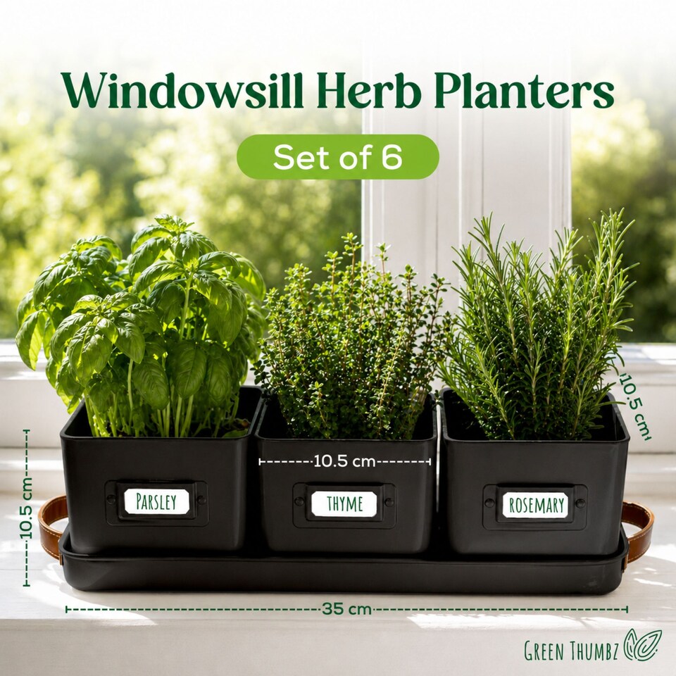 image 1 of Set of 6 Black Indoor Herb Pots with Tray
