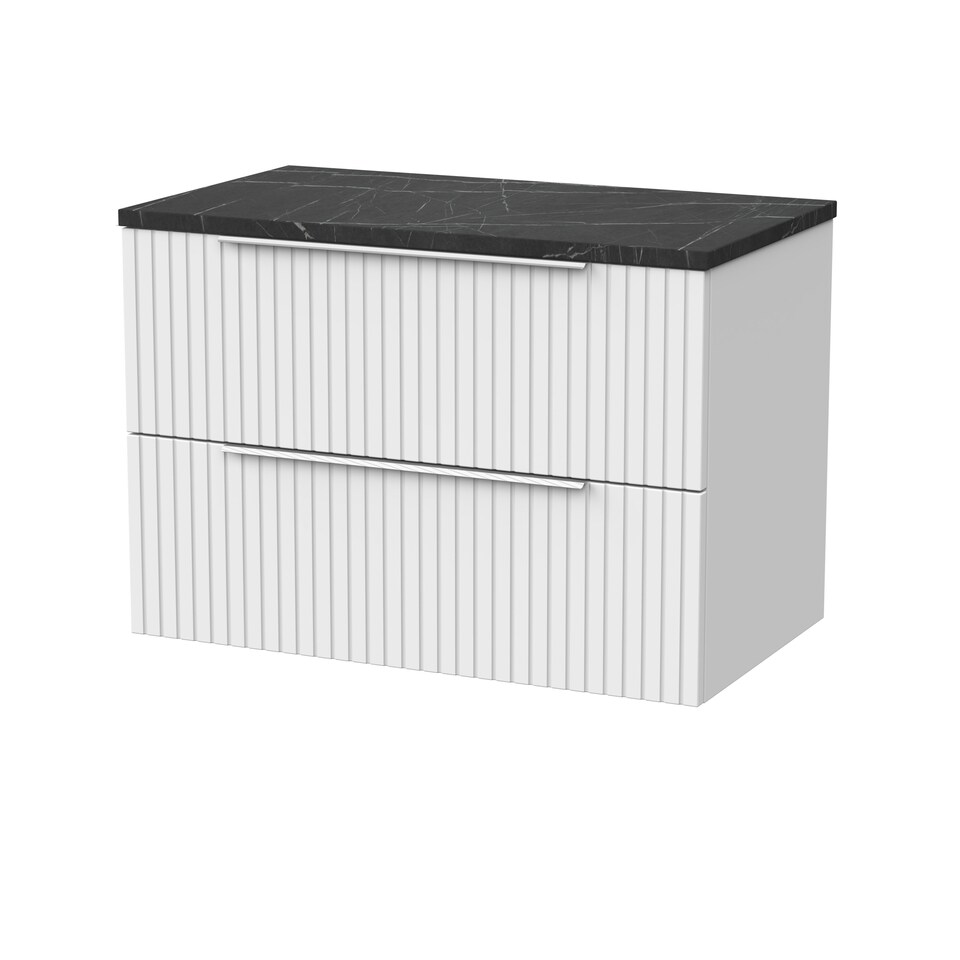 image 1 of Balterley Callingwood Contemporary Wall Hung 2 Drawer Vanity Unit with Black Pietra Marble Laminate Worktop , 800mm, Matt White