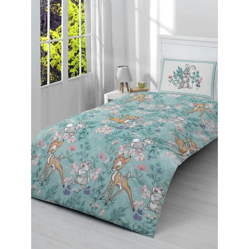 image 1 of Bambi Reversible Cotton Thumper Duvet Cover Set - Green/White/Yellow - Single Green | Single