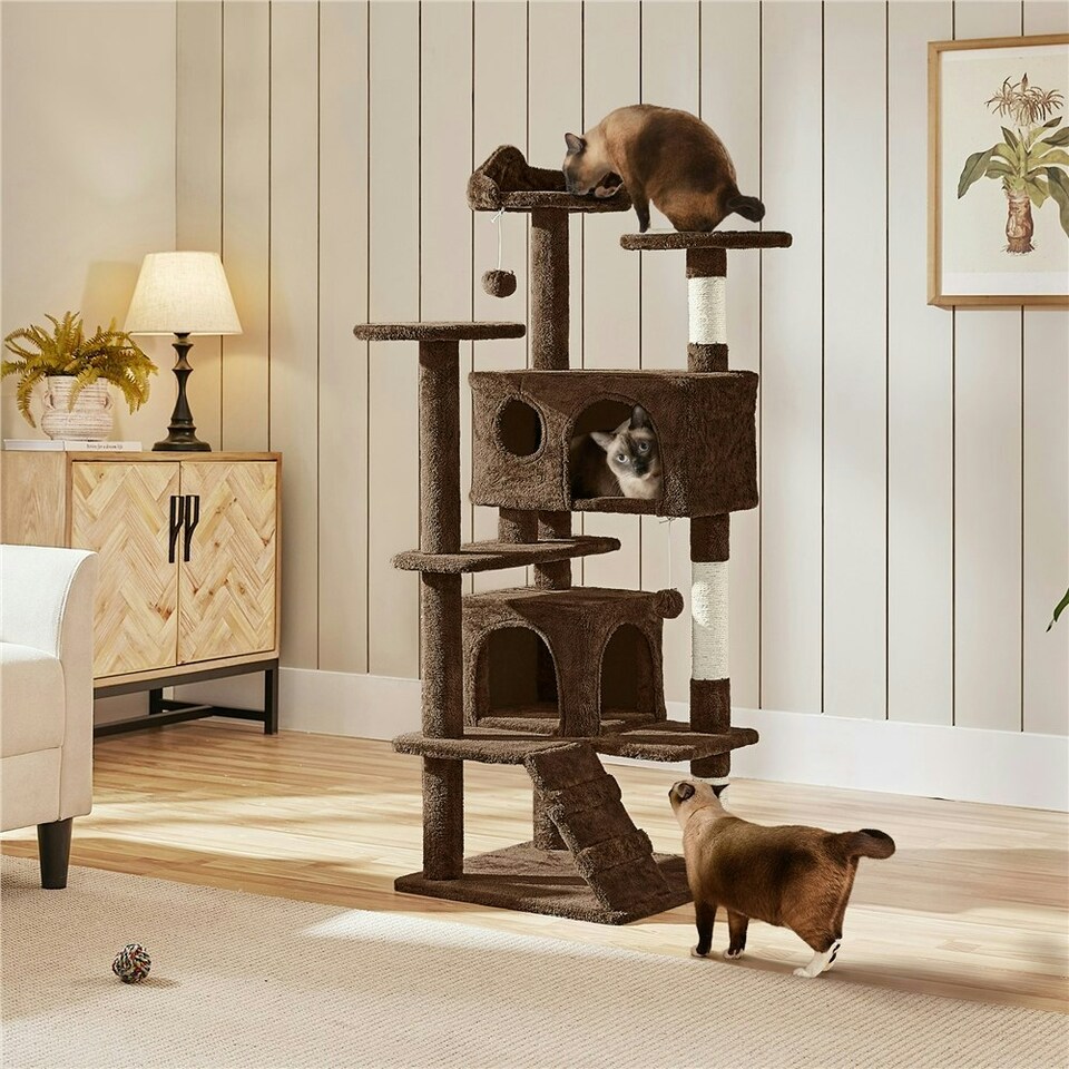 image 1 of Yaheetech 137cm Tall Cat Tree with Scratching Posts Brown