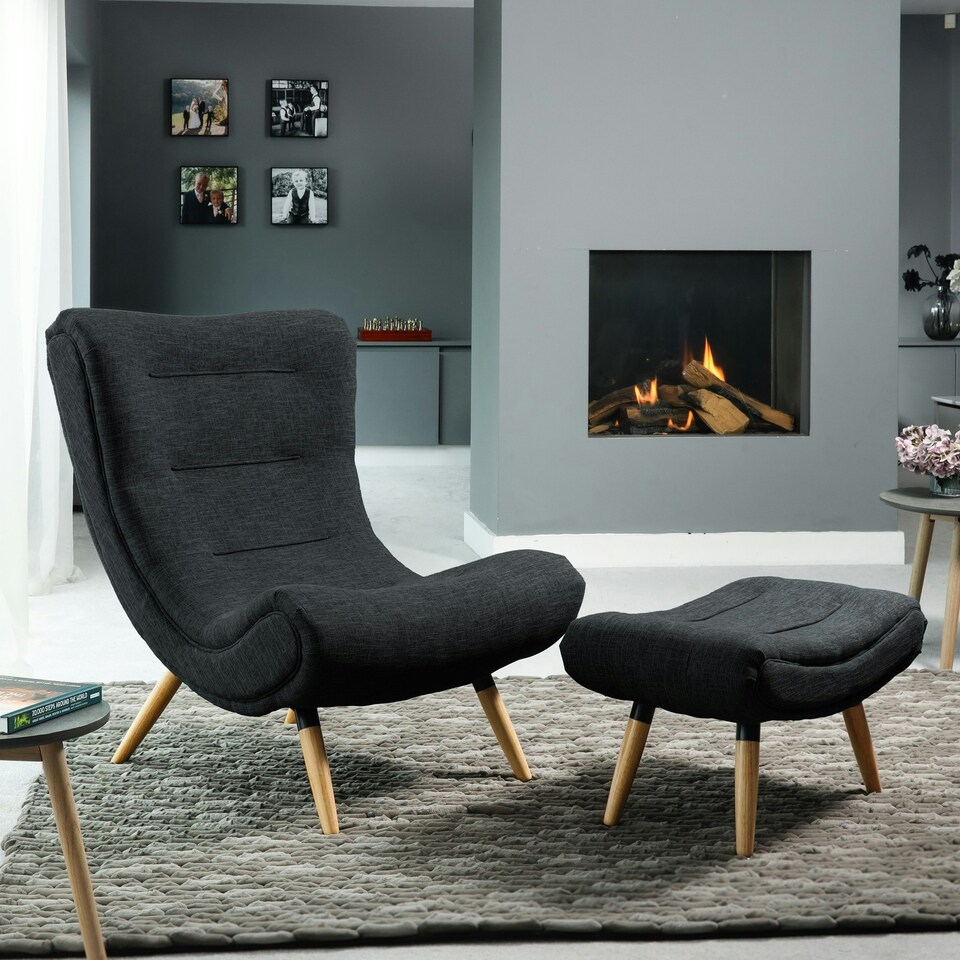 image 1 of Madelia Textured Fabric Accent Chair and Stool - Black