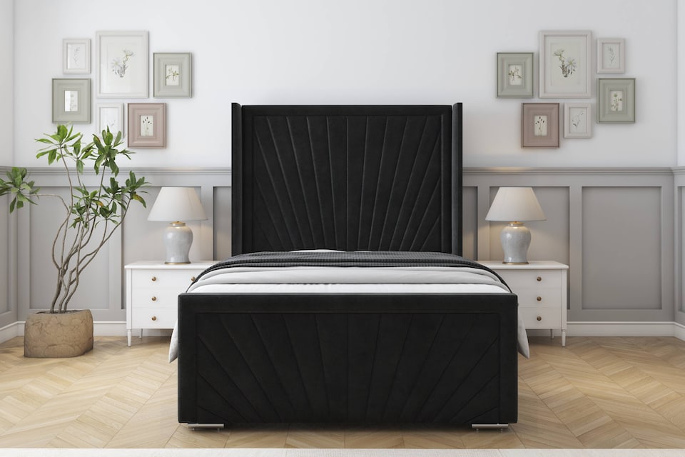 image 1 of Sloomy Rutherford Black Plush Bed Frame With 50"  Upholstered Wingback Headboard 5' King
