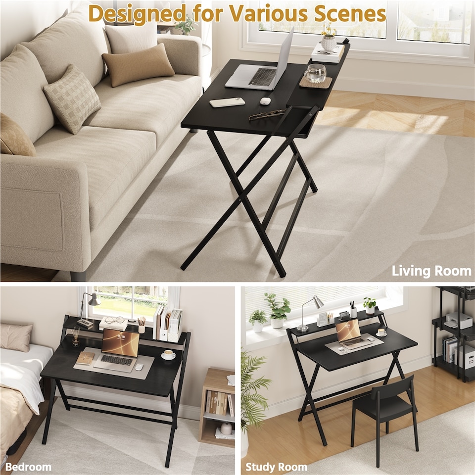 image 1 of Yaheetech 2-Tier Foldable Computer Desk with Monitor Shelf-Black | Black | Black | 106.5 cm L × 60.5 cm W × 90 cm H | 1
