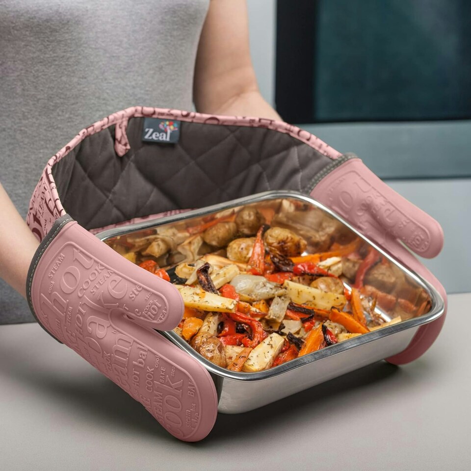 image 1 of Zeal Steam Stop™ Waterproof Silicone Double Oven Glove Pink | Rose Pink