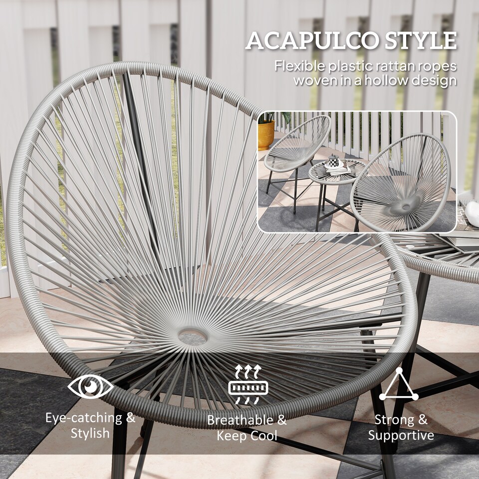 image 1 of Outsunny Rattan Bistro Set with Acapulco Chairs and Glass Table, Grey