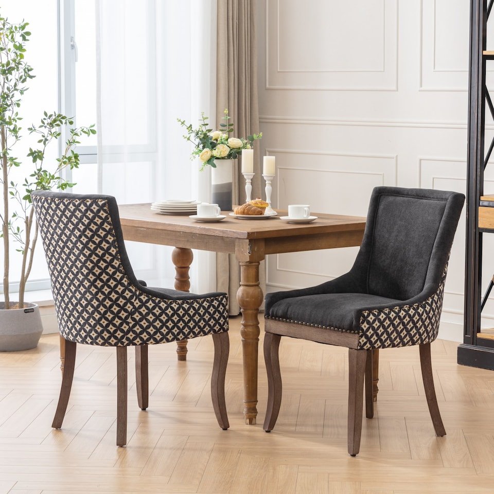 image 1 of Bewley Set of 4 Vintage Linen Upholstered Kitchen Dining Chairs with Oak Wood Legs