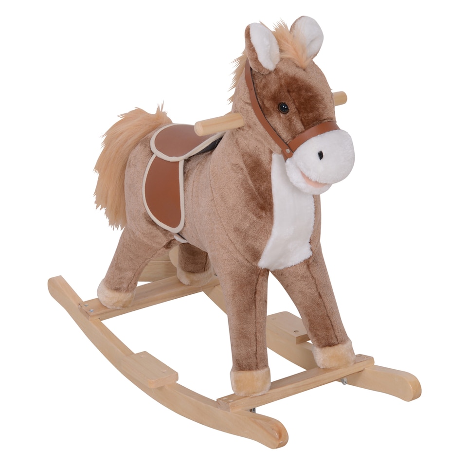 image 1 of HOMCOM Kids Children Plush Rocking Horse Wooden Base Ride On Toy Rocker with Handle Grip Traditional Toy Fun Gift for Age 3 Plus (Brown & White)