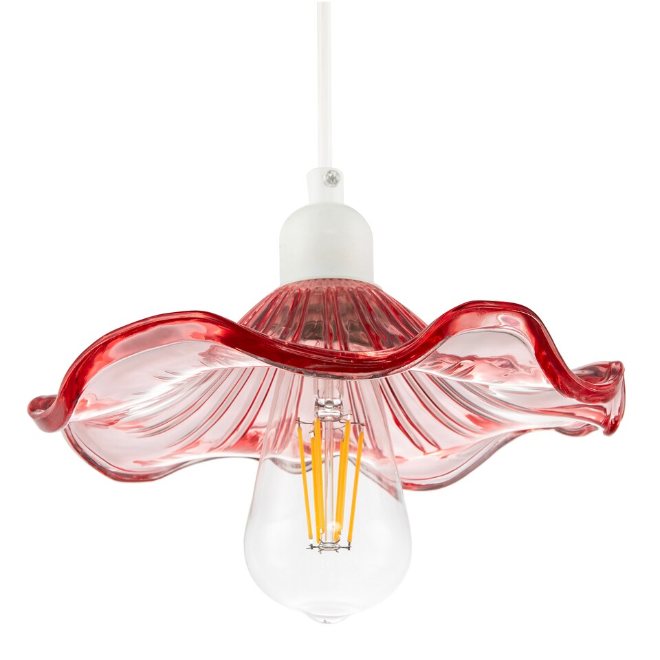 image 1 of Designer Ribbed Rose Pink Glass Pendant Shade with Wavy Ruffled Edge