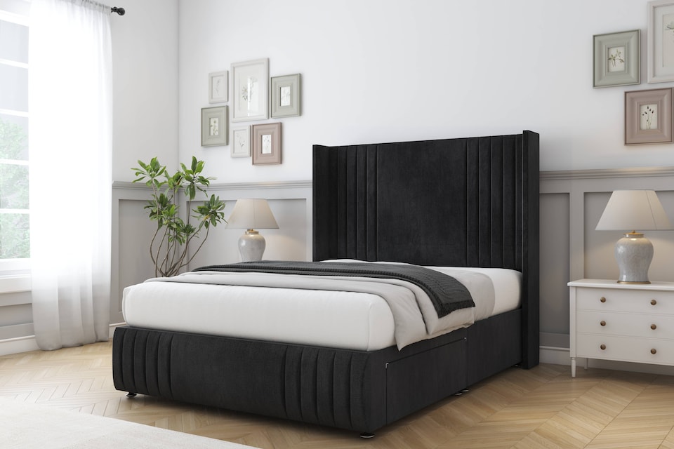 image 1 of Sloomy Camden Black Naples Divan Bed Base 2 Drawers Foot-End With 54 Inch Wingback Headboard & 12 Inch Matching Footboard | Black | Black | King | 1