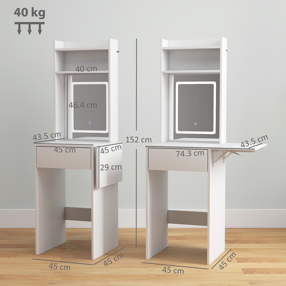 image 1 of HOMCOM Small Dressing Table with Mirror, Adjustable LED Lights, Drop Leaf Side, Vanity Desk with Open Shelves and Drawer, Compact Makeup Table for Small Spaces, Bedroom, White