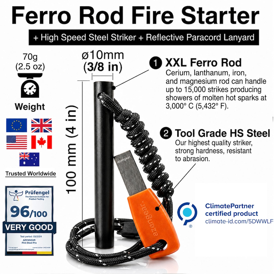 image 1 of aZengear Survival Flint and Steel Fire Starter Kit, Ferro Rod for Camping, Bushcraft