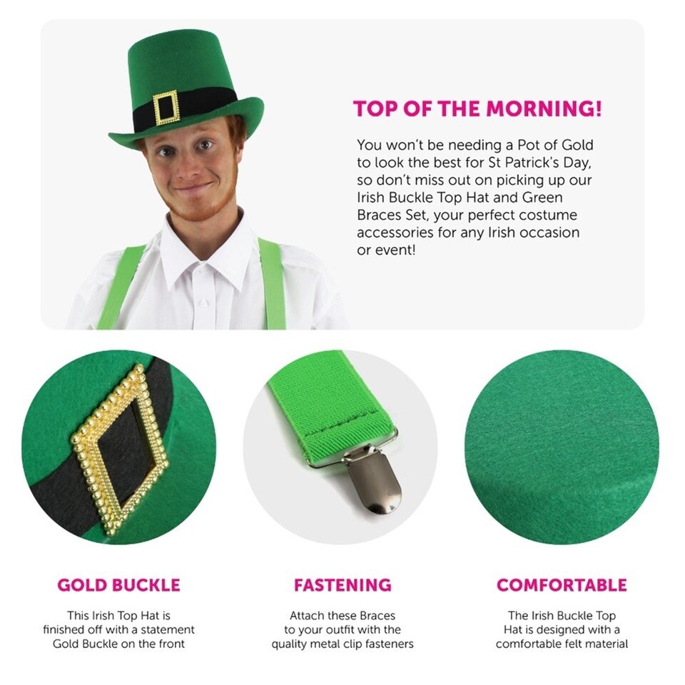 image 1 of Pack of 6 Irish Buckle Top Hat & Green Suspenders Green | One Size