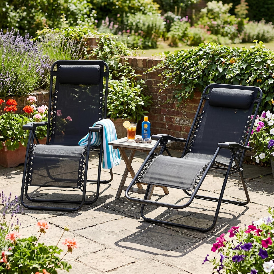 image 1 of Harbour Housewares Zero Gravity Chairs - Black - Set of 2 - Reclining Folding Garden Patio Beach Loungers with Cup Holders
