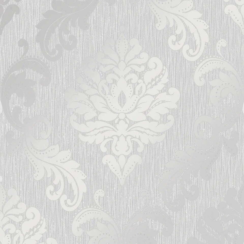 Sample of Chelsea Glitter Damask Wallpaper in Soft Grey and Silver Multi
