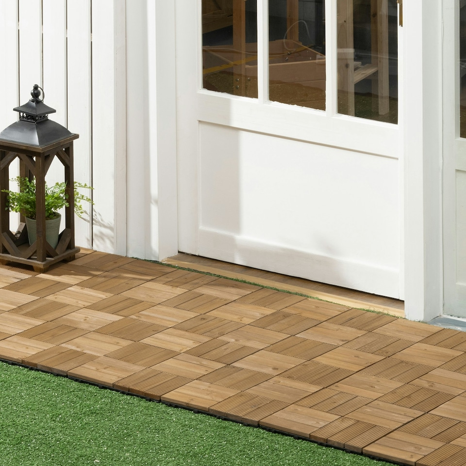 image 1 of Outsunny 27 Pcs Wooden Decking Tiles, 30x30cm Decking Boards, Brown