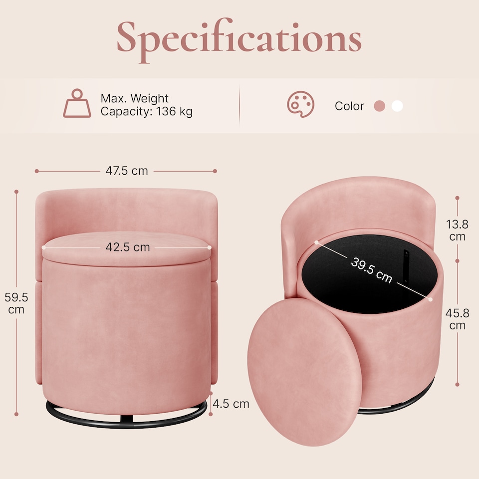 image 1 of Yaheetech Velvet Storage Ottoman Chair, 360° Swivel Tub Chair with Hidden Storage, Lift-Off Lid, Upholstered Backrest, 40L Capacity, 45.8cm H, Pink