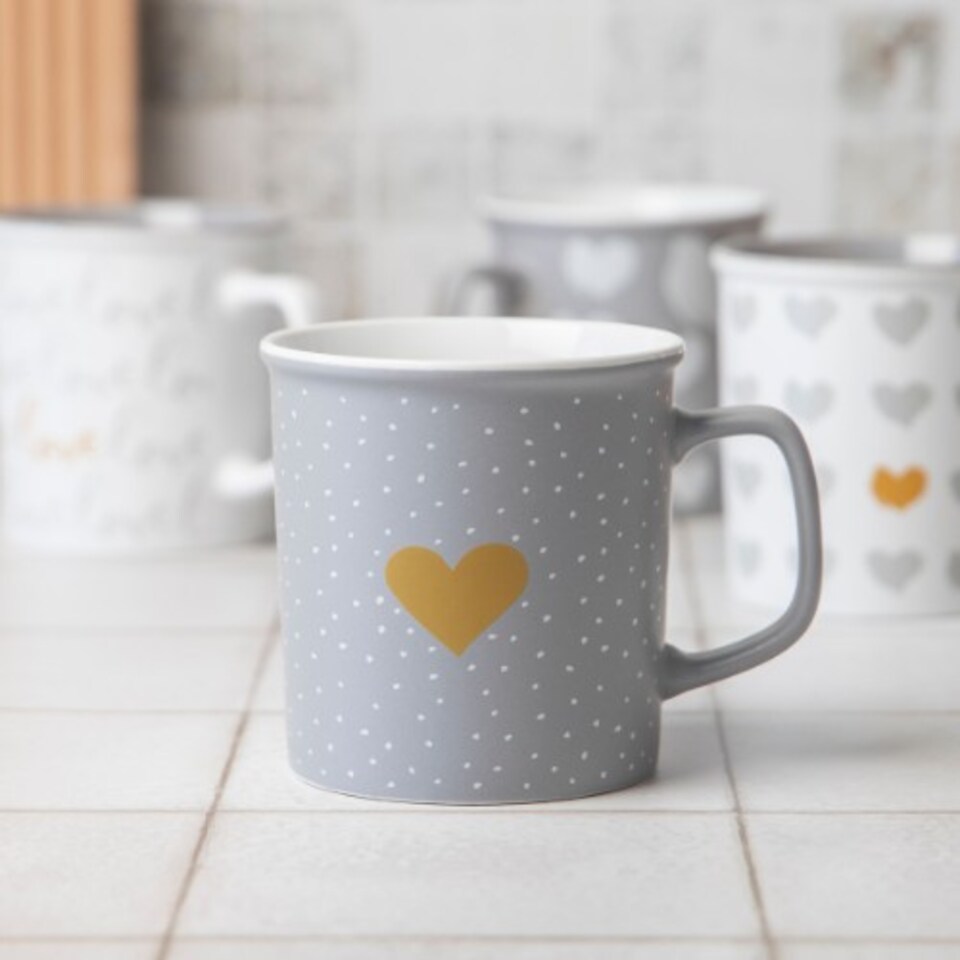 image 1 of Romantic Love Heart Print Ceramic Mug 440ml | Grey | Sweetheart Grey Hearts | 440ml | 1