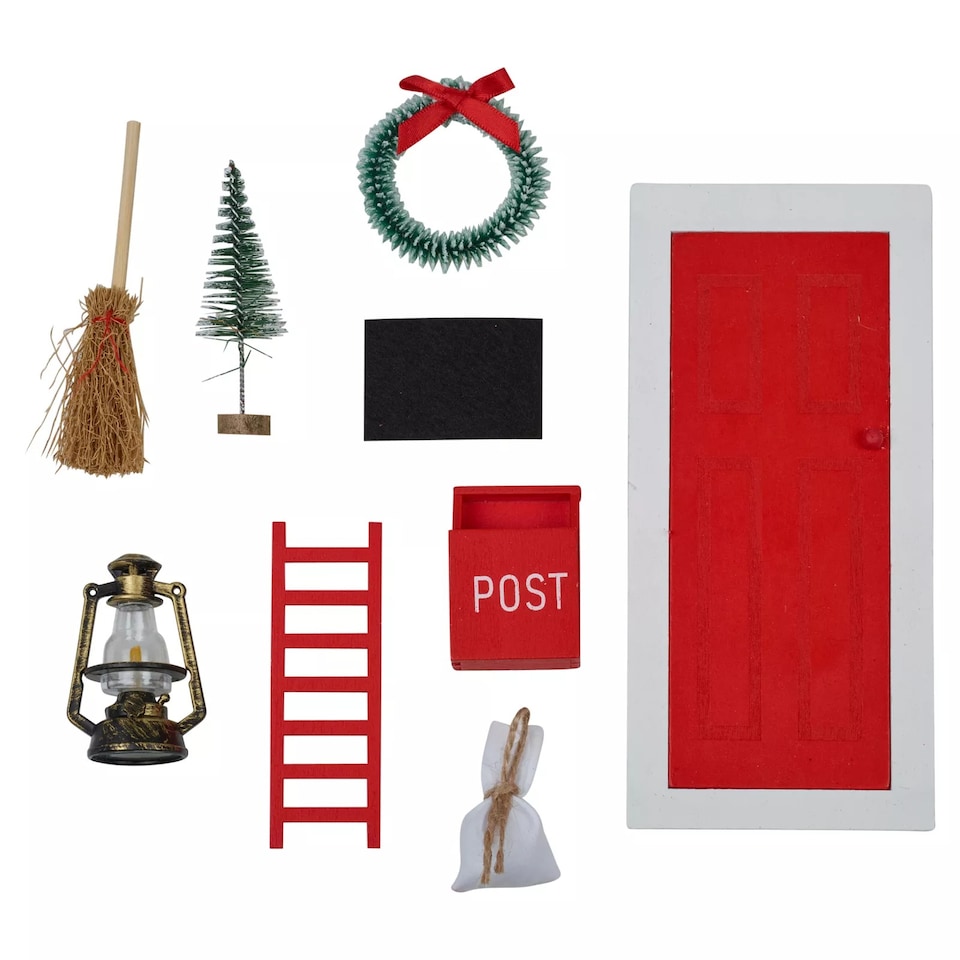 image 1 of 9Pcs Miniature Wooden Elf Christmas Village Scene Red & White Door Decoration | Multi | Multicoloured | Lamp Post