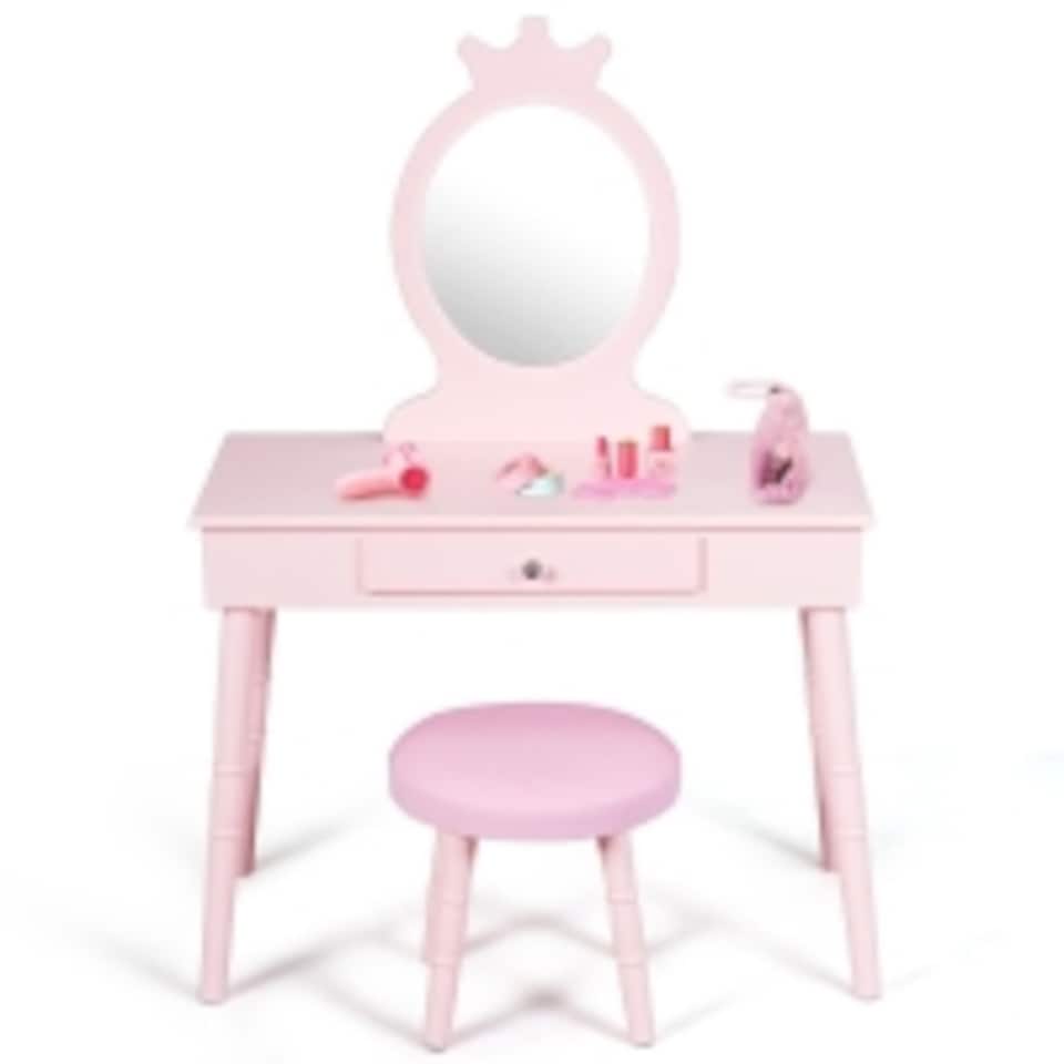 image 1 of COSTWAY Pretend Makeup Dressing Table Kids Vanity Table Pink