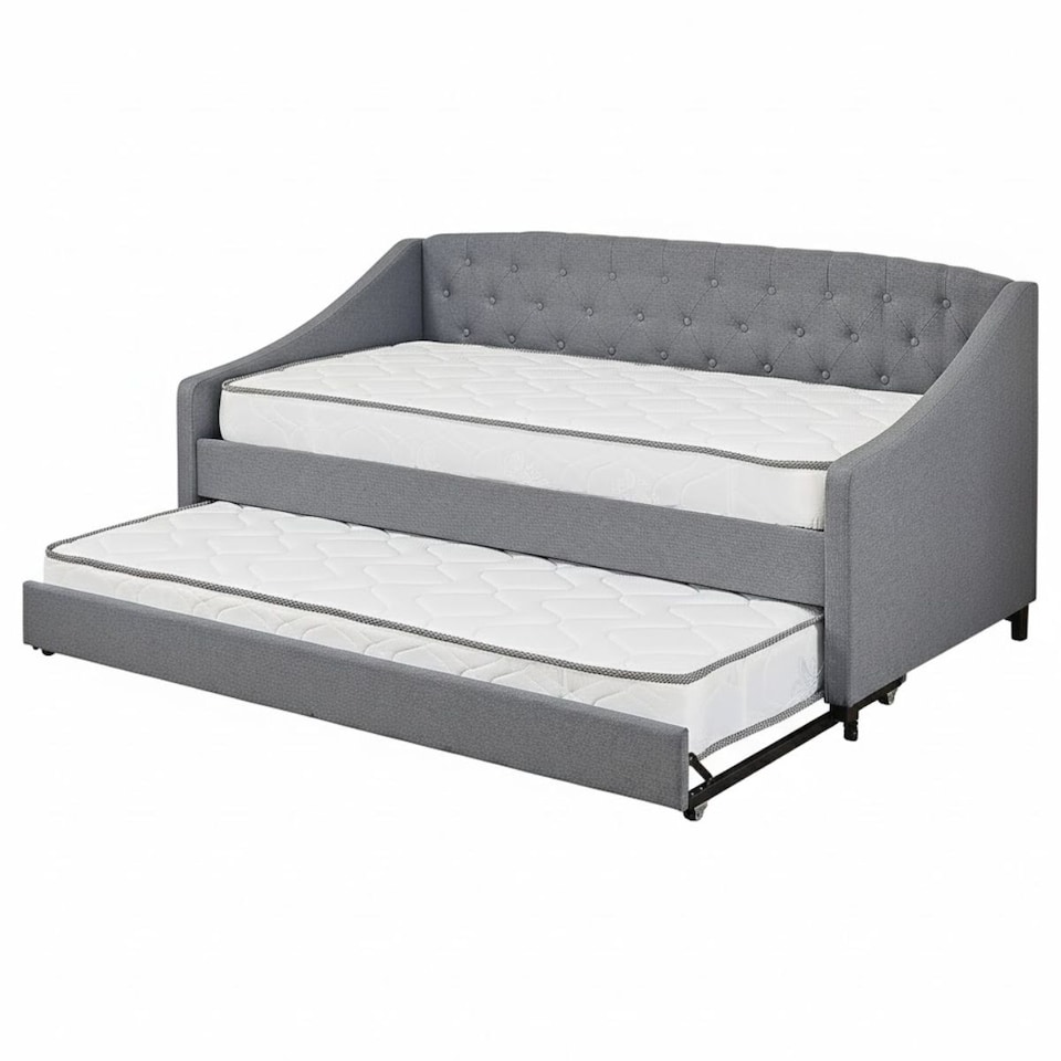 image 1 of Daybed with Trundle Grey 3ft Single with 2 Mattresses Fabric Tufted Wooden Bedroom | Grey | One Size