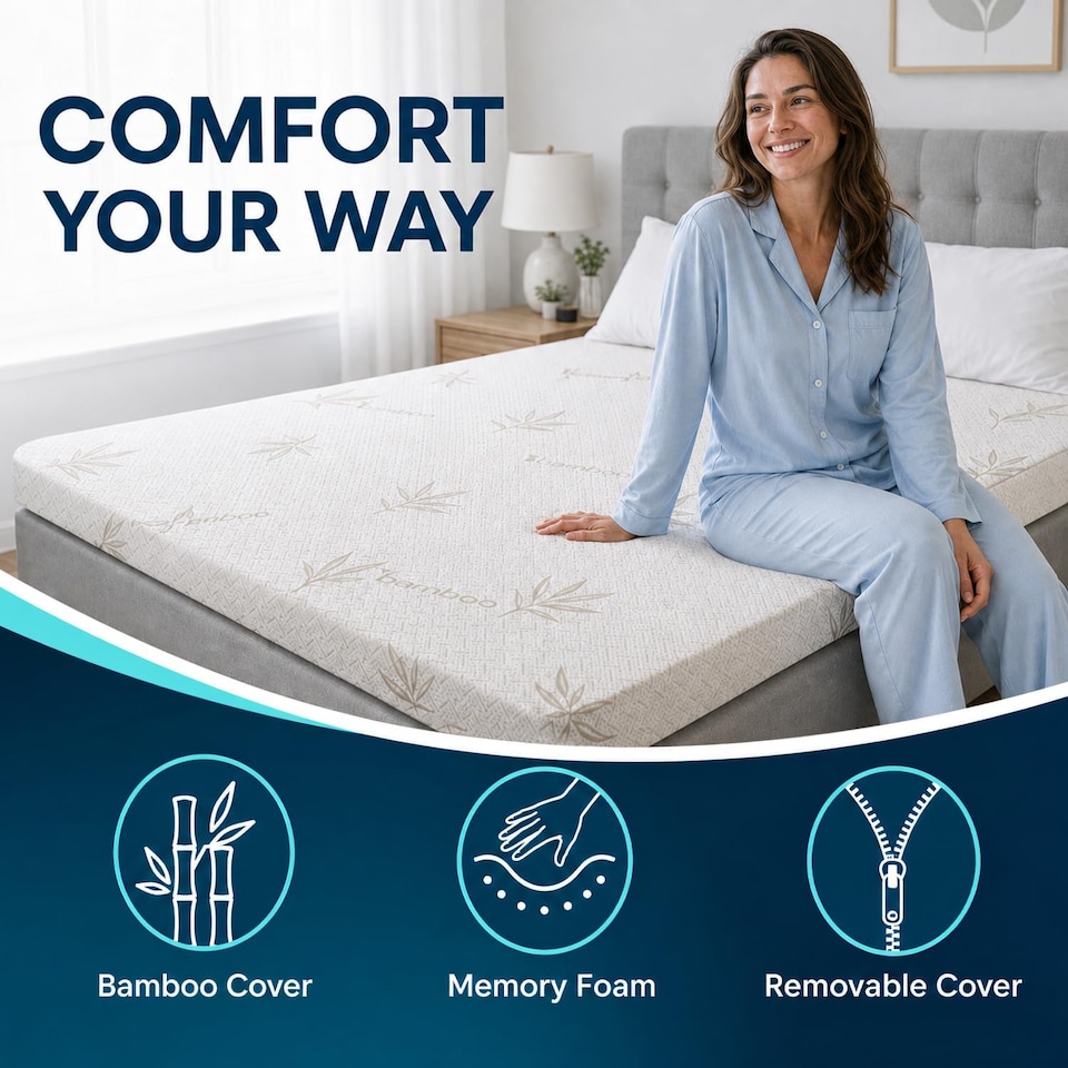image 1 of Memory Foam Mattress Topper | Reversible Bamboo Cover | Orthopaedic Pressure Relief for Back Pain 2" (5cm)