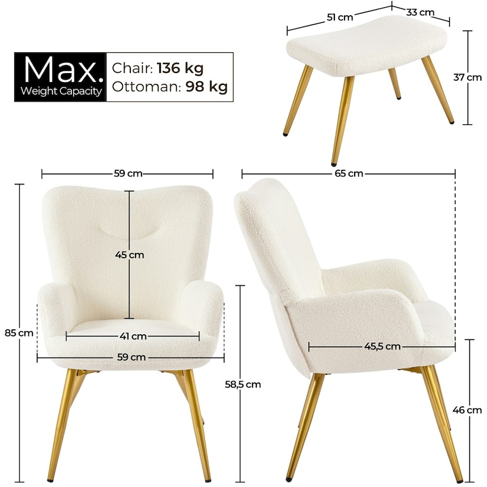 image 1 of Yaheetech Boucle Accent Chair and Ottoman Set with Metal Legs White | Ivory