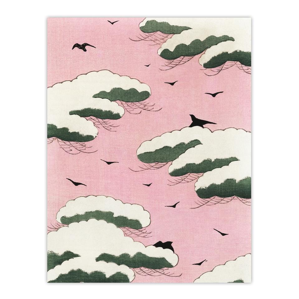 image 1 of Pink Sky With Clouds and Birds Vintage Wall Art Print Bijutsukai 12x16"