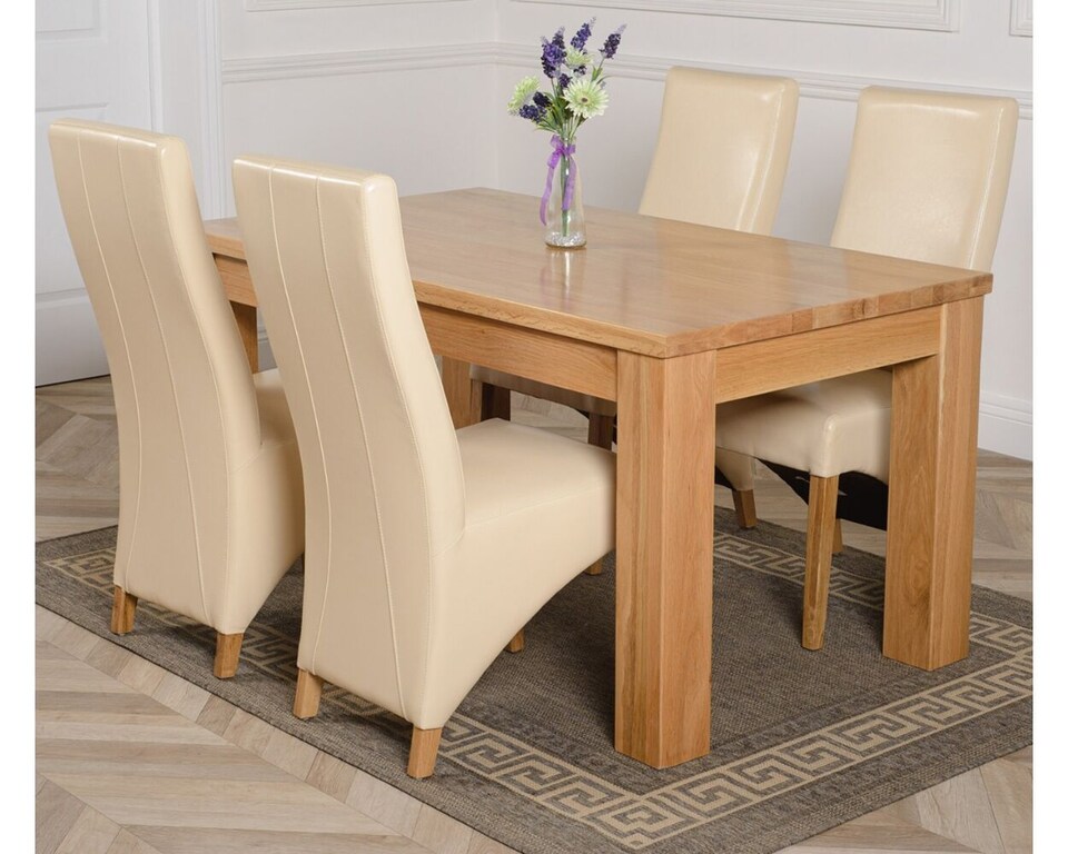 image 1 of Dakota 152 x 87cm Medium Oak Dining Table and 4 Lola Leather Chairs | Cream | Cream