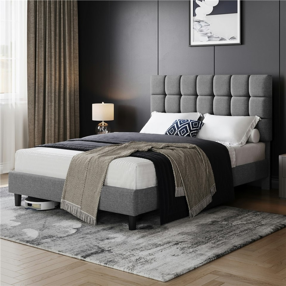 image 1 of Yaheetech 150 cm W × 200 cm L Upholstered Bed Frame Light Grey