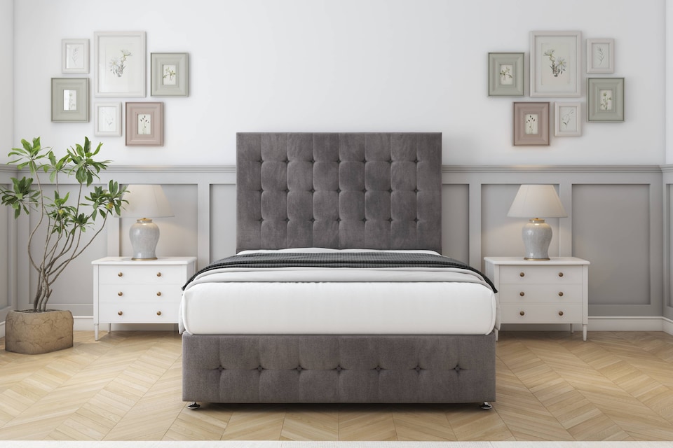 image 1 of Sloomy Berlin Slate Naples Divan Bed With Mattress 2 Drawers Footend With 54" Floor Standing Headboard & 12" Matching Footboard 4'6 Double | Grey | Slate | Double | 1