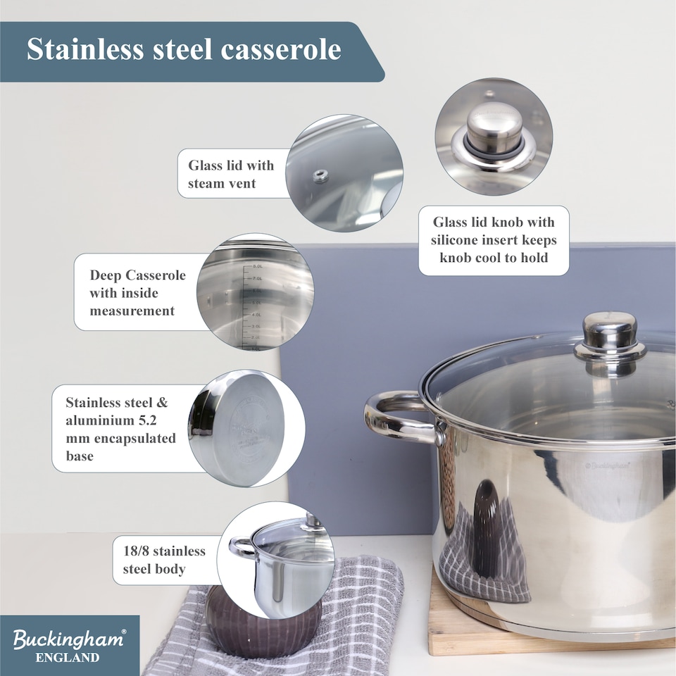 image 1 of Buckingham Stainless Steel Casserole Dish Premium Induction Compatible 28 cm , 9.5 Litres | Silver | 1