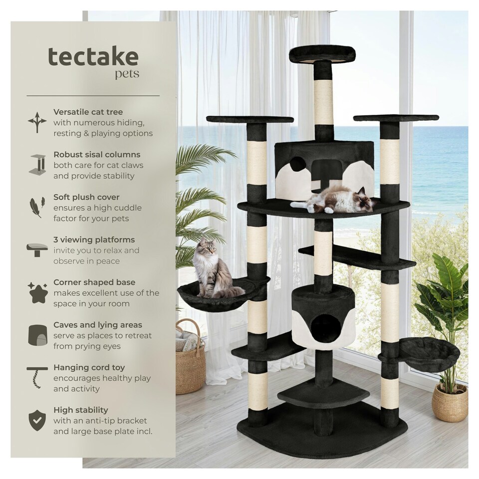 image 1 of Cat Tree Nelly - 204 cm tall, sisal scratching posts, toy & anti-tip protection - Black/White