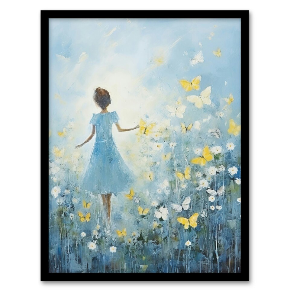 image 1 of Girl Wildflower Meadow Oil Soft Yellow Home Decor Black Framed Wall Art Print A4