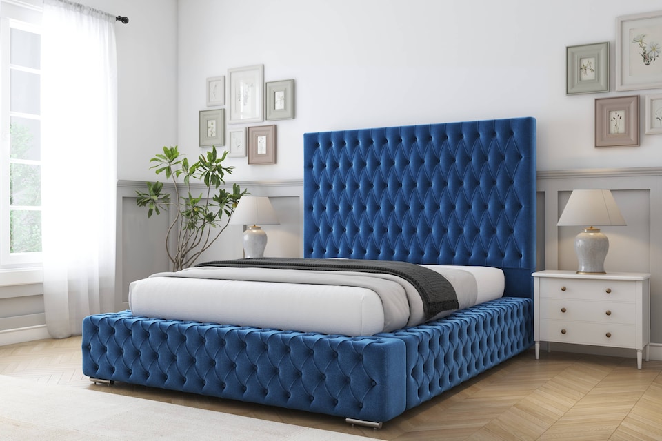 image 1 of Sloomy Ambassador Navy Plush Bed Frame With 50"  Upholstered Headboard 4'6 Double