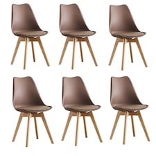 Set of 6 Scandinavian Dining Chairs with Leather Cushions Solid Wood Legs Brown