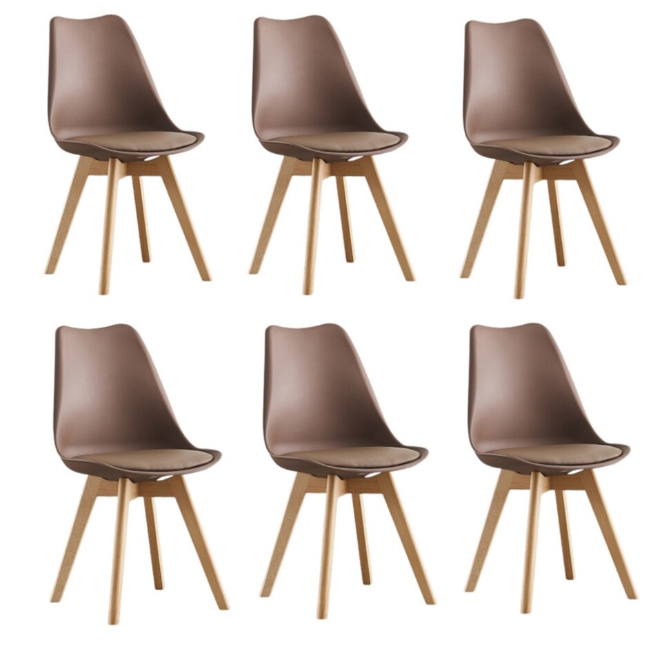 image 1 of Set of 6 Scandinavian Dining Chairs with Leather Cushions Solid Wood Legs Brown