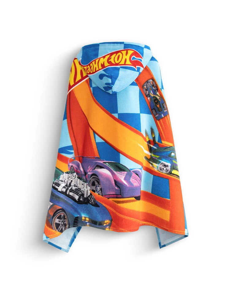 image 1 of Hot Wheels Race Track Boys Blue Poncho Towel | Hooded Beachwear with Multi-Car Graphics & Checkered Pattern | Poolside Cover-Up | After-Bath Towel for Kids | Hot Wheels Merch