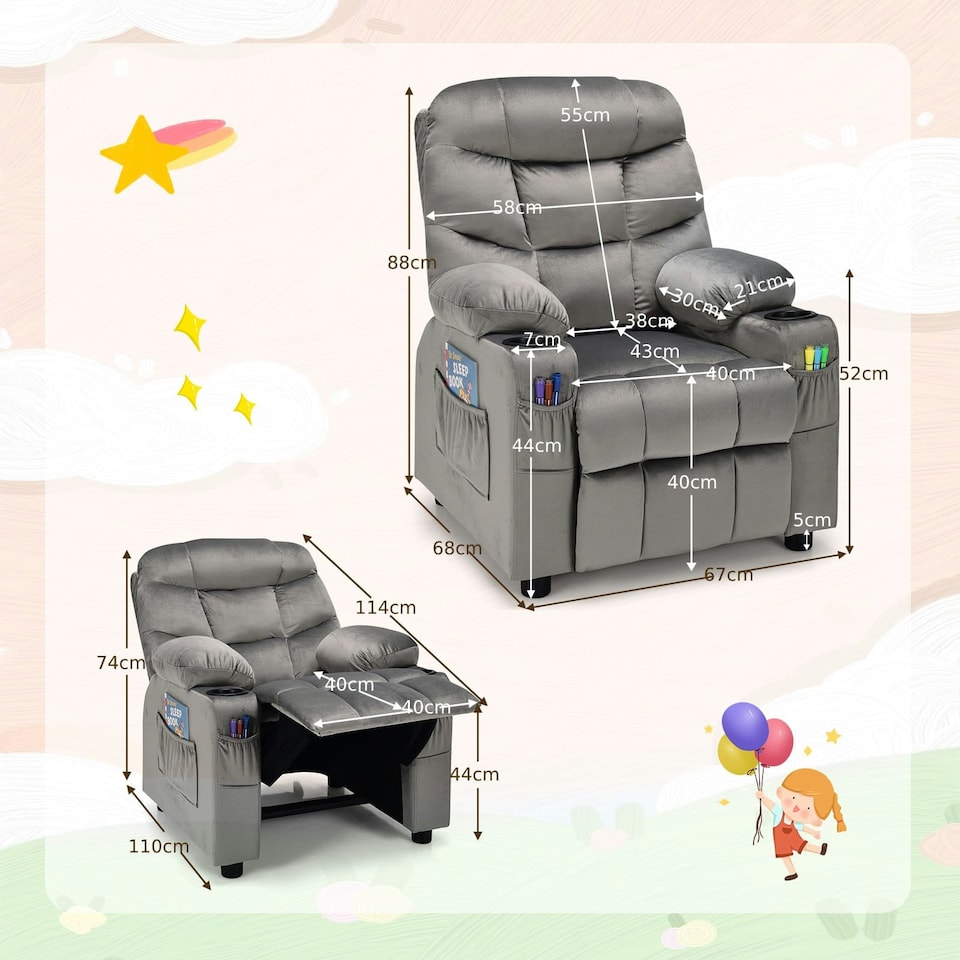 image 1 of COSTWAY Kids Recliner Chair Velvet Adjustable Sofa Chair Grey | Grey | Chair