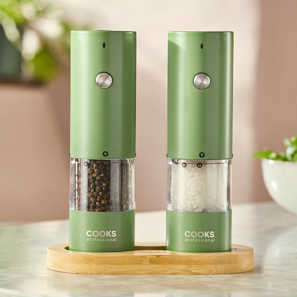 image 1 of Cooks Professional Rechargeable Salt and Pepper Mill Set with Bamboo Base