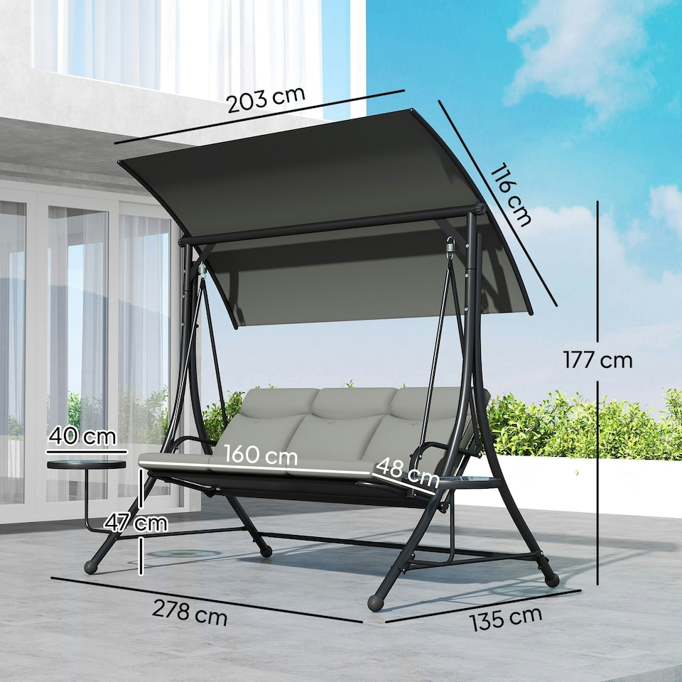 image 1 of Outsunny 3-Seater Swing Seat w/Canopy & Coffee Table, Dark Grey Grey | Dark Grey