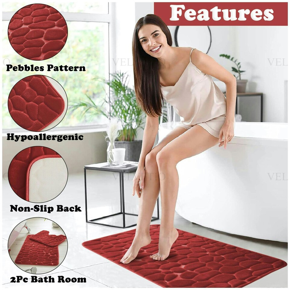 image 1 of VELVETIO 2Pc Pebble Bath Mat Set Memory Foam Bathroom Toilet Rugs Red