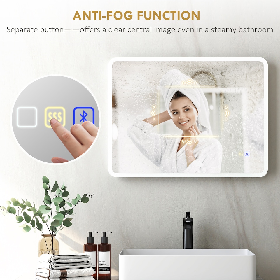 image 1 of HOMCOM 600 x 800 mm Bluetooth Bathroom Mirror with LED Lights Wall Mounted