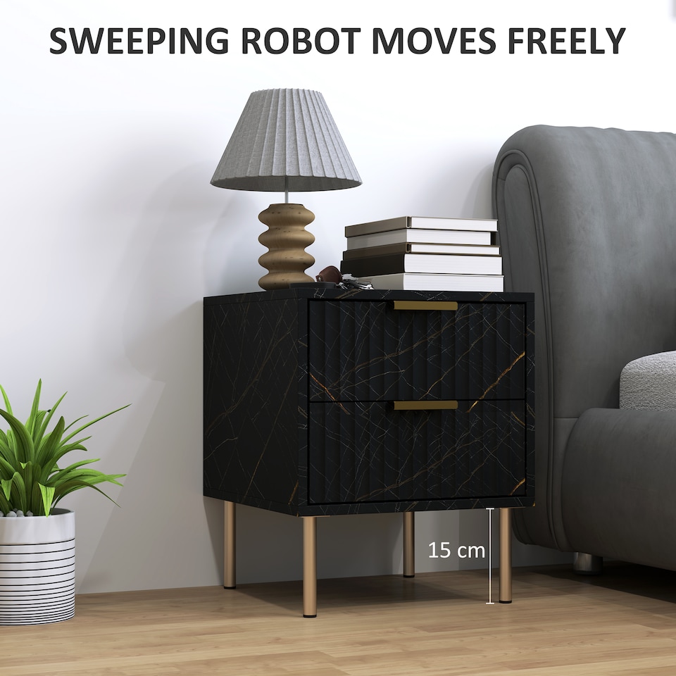 image 1 of HOMCOM Marble Pattern Bedside Table, Fluted Bedside Cabinet with 2 Drawers, Side End Table with Steel Legs for Bedroom, Black | Black