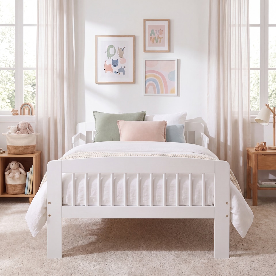 image 1 of Junior Vida Scorpio Toddler White Bed Frame With Side Rails - H 57 x W 75 x D 144 cm