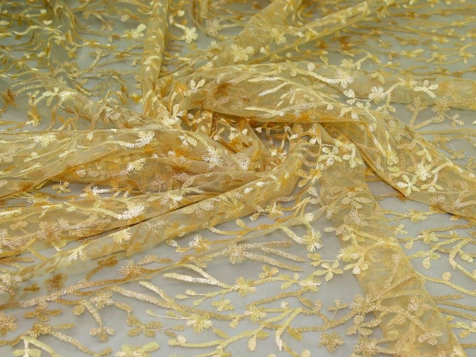 Yellow Embroidered Lace Tulle Fabric for Bridal, Dressmaking, 142.5cm / 56" Wide - per metre