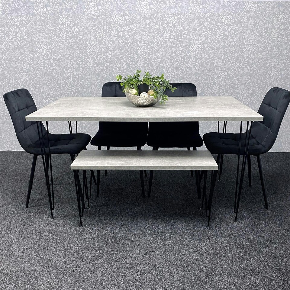 image 1 of Grey Dining Table with Hairpin Legs, Bench & 4 Black Velvet Chairs Set for Kitchen & Dining Room Grey