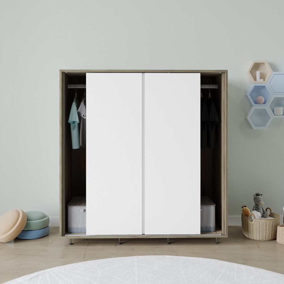 image 1 of 120cm 3 Sliding Doors Children Kids Wardrobe Bedroom Storage Closet Hanging Rail | Multi | Oak with Black Doors | 1