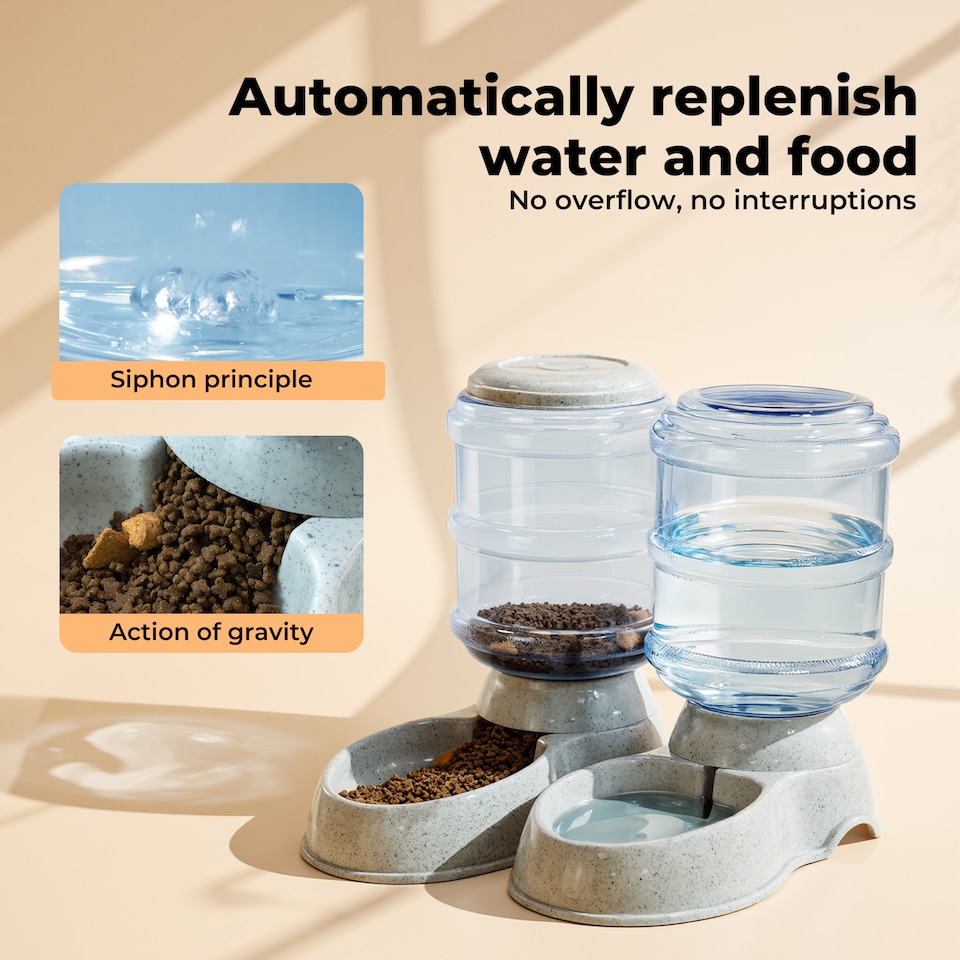 image 1 of Skylos 2 Packs Automatic Food Feeder Waterer Set Plastic Dispenser Dog Cat 3.5L