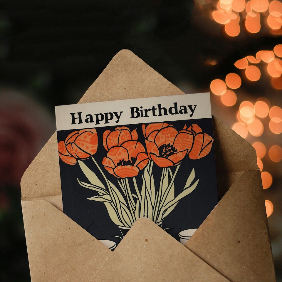 image 1 of Red Tulip Bouquet China Tea Set Vintage Her Birthday Card